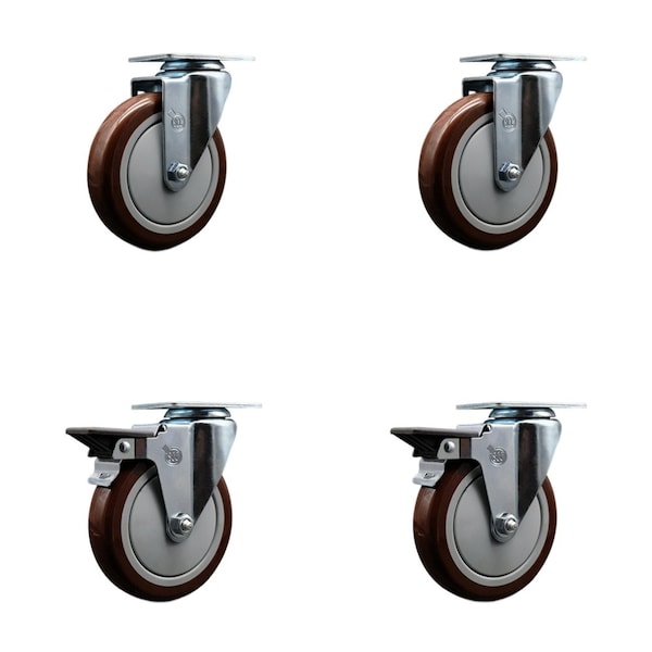 5'' Maroon Poly Wheel Swivel Top Plate Caster Set with 2 Posi Brakes, 4PK